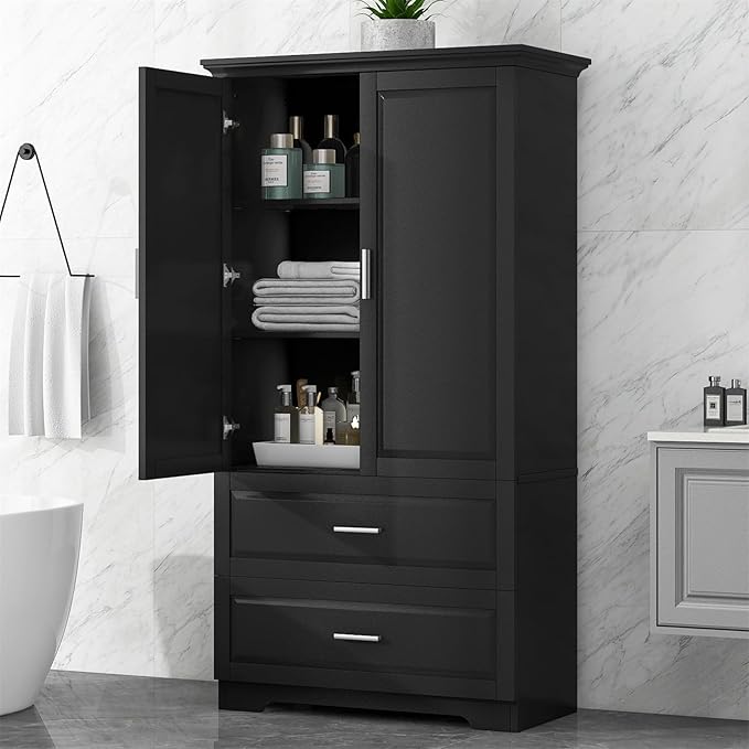 Polibi Tall Storage Cabinet with 2 Drawers, 3-Tier Adjustable Shelves & 2 Doors, Floor Free-Standing Cabinet for Bathroom, Living Room, Black, 63.2" H*32" W