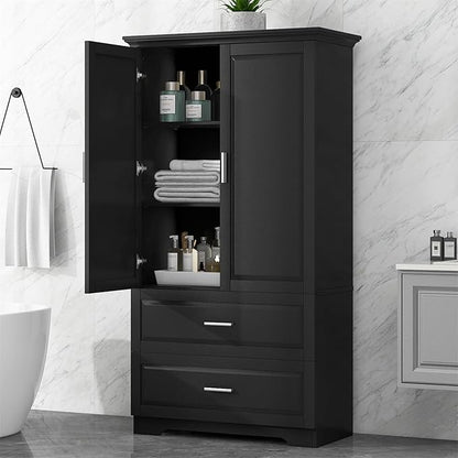Polibi Tall Storage Cabinet with 2 Drawers, 3-Tier Adjustable Shelves & 2 Doors, Floor Free-Standing Cabinet for Bathroom, Living Room, Black, 63.2" H*32" W