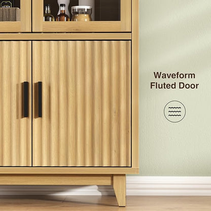 Arched Cabinet with Glass Doors, 71" Tall Fluted Galss Cabinet with Solid Wood Legs, Adjustable Shelves Accent Furniture for Living Room, Kitchen, Dining Room, Entryway, Natural