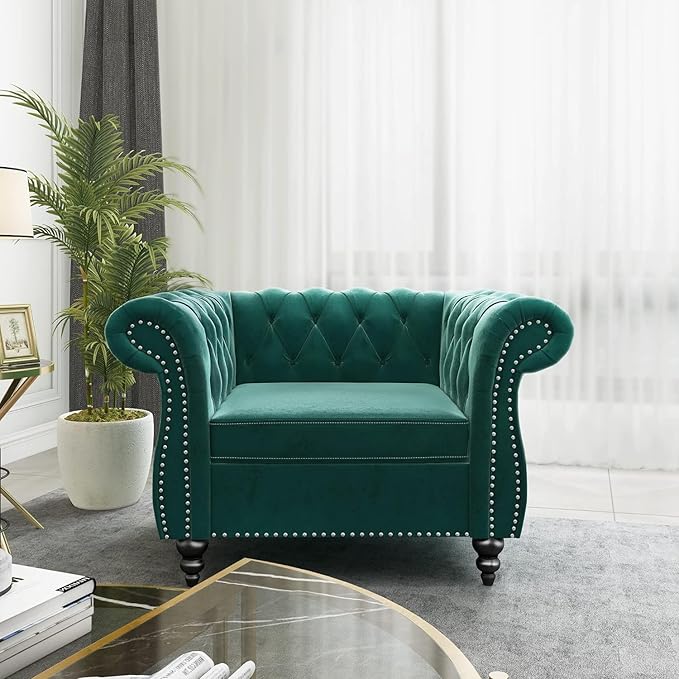 Living Room Chair, Modern Velvet Chesterfield Sofa Chair, Mid Century Single Sofa Couch Chair with Tufted Back and Rolled Arms, Accent Sofa Chair for Living Room Apartment, Green