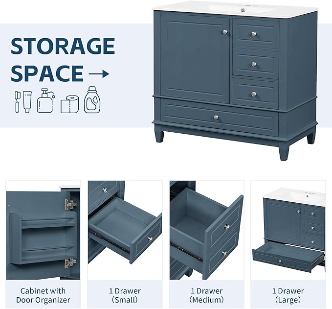 36 Inch Bathroom Vanity with Sink Set, Undermount Vanity Sink Cabinet with 3 Drawers and Door Storage, Soft Closing Door, Wood Frame, Blue Gray