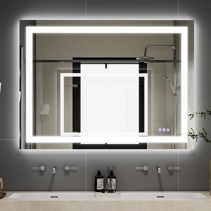VooBang LED Wall Mounted Mirror with Lights, 24x32 inches Bathroom Mirror, Button to Adjust Lights, Three Lighting Modes, Tempered Glass with Anti-Fog Function, Suitable for Vanity and Bedroom, White
