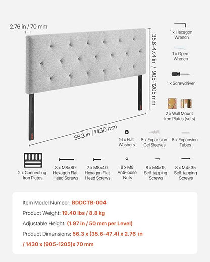 VEVOR Headboard, Full Size Headboard with Adjustable Height, Comfortable Diamond Tufted for Full Size Bed, W 56.3 x H（35.6-47.4） inches, Ideal for Bedroom, Hotel, Homestay, Dormitory, Light Grey