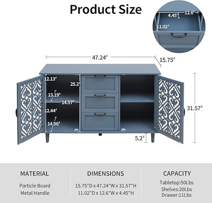 Sideboard Buffet Cabinet with Storage - Accent Storage Cabinet American Furniture, Modern 2 Door 3 Drawer Cabinet, Farmhouse Wood Credenza for Living Room, Dining Room, Entryway (Blue)