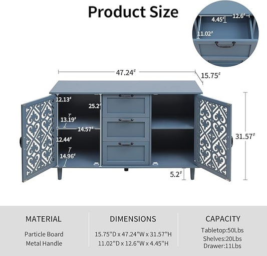 Sideboard Buffet Cabinet with Storage - Accent Storage Cabinet American Furniture, Modern 2 Door 3 Drawer Cabinet, Farmhouse Wood Credenza for Living Room, Dining Room, Entryway (Blue)