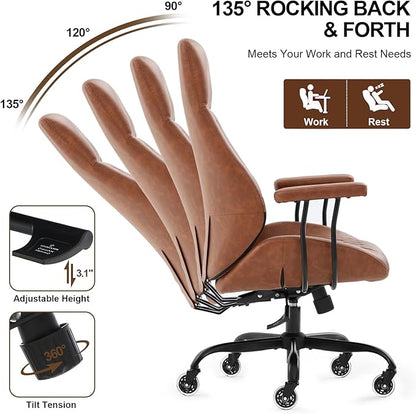 Home Office Desk Chair, Ergonomic High Back Leather Computer Chair with Lumbar Support, Adjustable Height & Recline, Swivel Executive Office Chair with Armrests and Rubber Casters, Brown