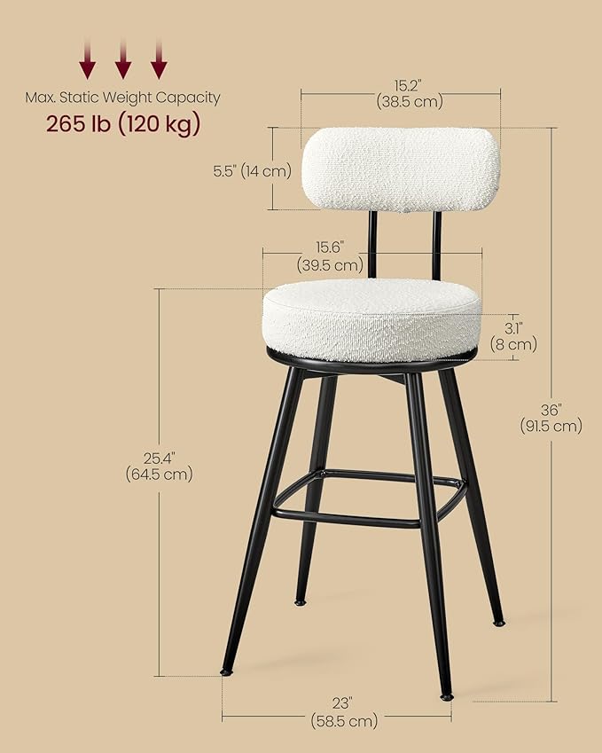 VASAGLE 360° Swivel Bar Stools Set of 2, Counter Height Bar Stools with Back, Boucle Fabric, Contemporary Modern, 25.4 Inch Tall, Kitchen and Home Bar, Cloud White ULBC130W01V1