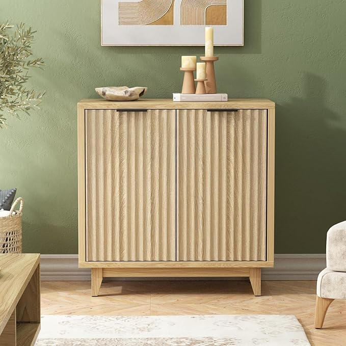 Fluted Cabinet with Storage, 2 Doors Sideboard Buffet, Mid Century Modern Accent Cabinet with Adjustable Shelves, Multifunctional Console Table with Storage for Living Room, Kitchen, Entryway