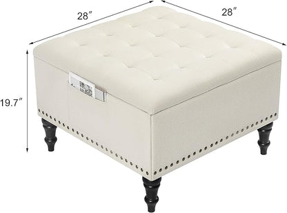 Square Ottoman with Storage Tufted Upholstered Storage Ottoman Square Coffee Table Ottomans with Legs 28’’ Large Fabric Footrest Ottomans Stool with Lift Top for Living Room Beige