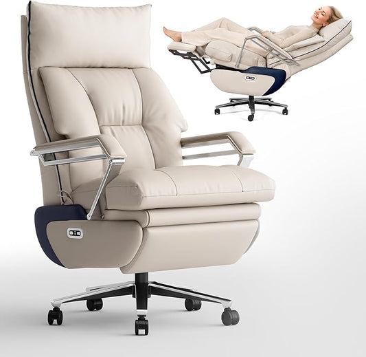 M80A Dual Motor Electric Executive Office Chair with Footrest, Comfortable Reclining Office Chair Wide Seat, Big and Tall Ergonomic Leather Home Office Desk Chair (Beige,No Massage)