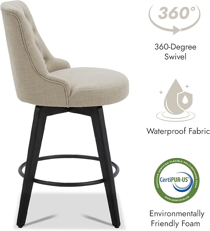 Watson & Whitely Modern Swivel Bar Stools, Performance Fabric Upholstered Counter Height Bar Stool with Back, Solid Wood Legs, 26" H Seat, Set of 2, Tan