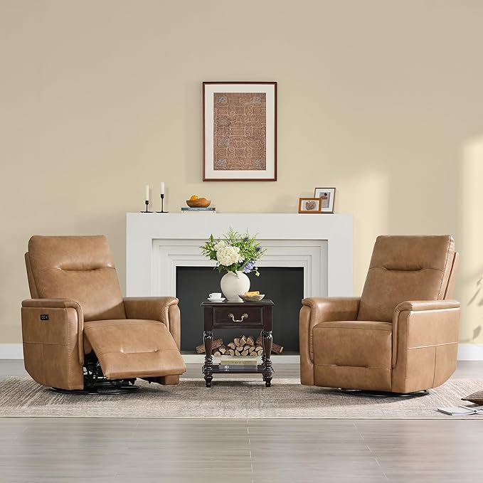 Watson & Whitely Power Recliner Chairs for Adults, Swivel Rocker Recliner W Power Headrest & Type-C Charger for Living Room, Faux Leather, Camel, RC015