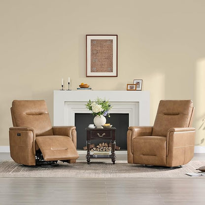 Watson & Whitely Power Recliner Chairs for Adults, Swivel Rocker Recliner W Power Headrest & Type-C Charger for Living Room, Faux Leather, Camel, RC015