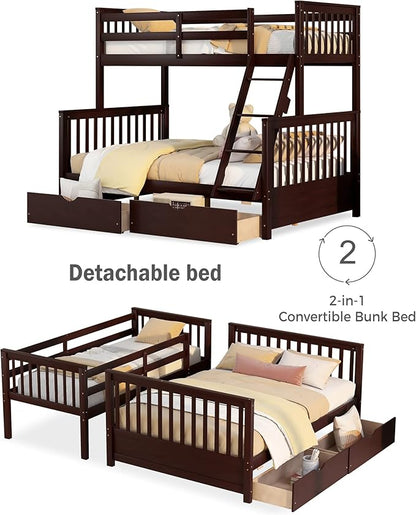 Merax Wood Bunk Bed with Two Drawers,Convertible Wood Bunk Bed with Ladders and Two Storage Drawers,Solid Wood Detachable Bed Frame with Ladders, Twin Over Full Size, Espresso