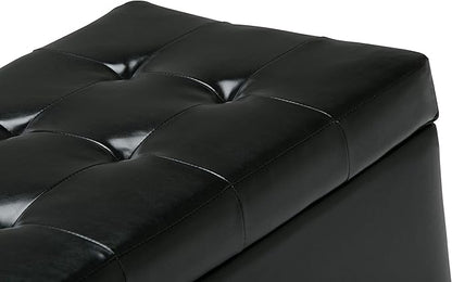 SIMPLIHOME Cosmopolitan 34 inch Wide Transitional Rectangle Storage Ottoman in Midnight Black Vegan Faux Leather, Assembled, For the Living Room, Entryway and Family Room
