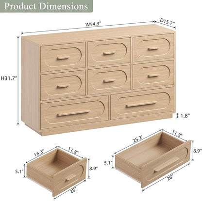 Modern 8 Drawer Dresser for Bedroom, 54" Wide Dressers & Chest of Drawers w/Solid Wood Handle, Wood Mid Century Closet Organizers and Storage Cabinet for Bedroom, Living Room, Hallway, Natural Oak