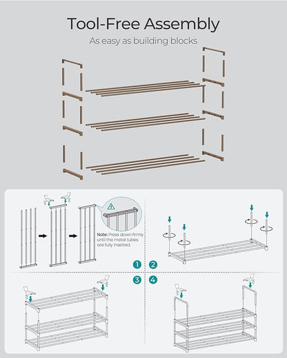 SONGMICS Shoe Rack, 3-Tier Shoe Organizer, Metal Storage Shelf, Upright or Upside Down, for 16-20 Pairs, Stackable, for Entryway, 11.8 x 36.2 x 21.7 Inches, Walnut Brown ULSA303K01