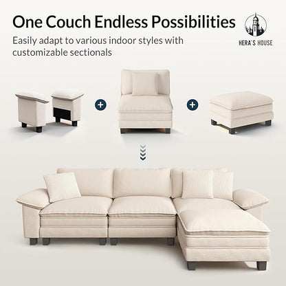 HERA'S HOUSE 54" Modular Sectional Sofa Couches for Living Room, Comfy Cloud Couch 1-Seater Deep Seat Sofa with Throw Pillow, Chenille Beige