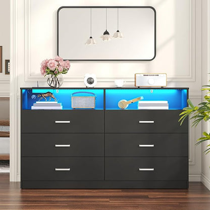 Bigbiglife Dresser for Bedroom, 6 Drawer Dresser with Charging Station and Led Light, Modern Chest of Drawers for Bedroom, Living Room,Black