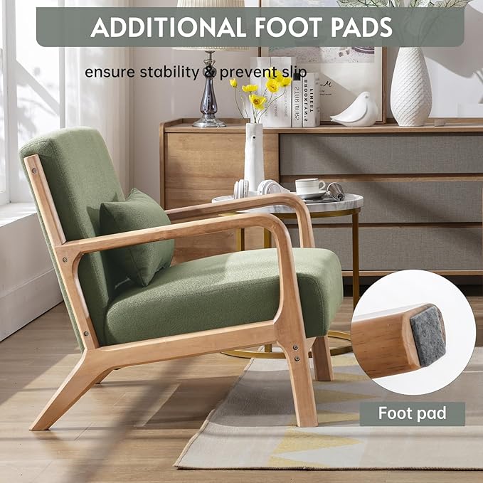 ANJ ANJHOME Mid Century Modern Accent Chairs Set of 2, Comfy Fabric Reading Chair with Solid Wood Frame, Easy Assembly Armchair for Living Room Blackish Green 2