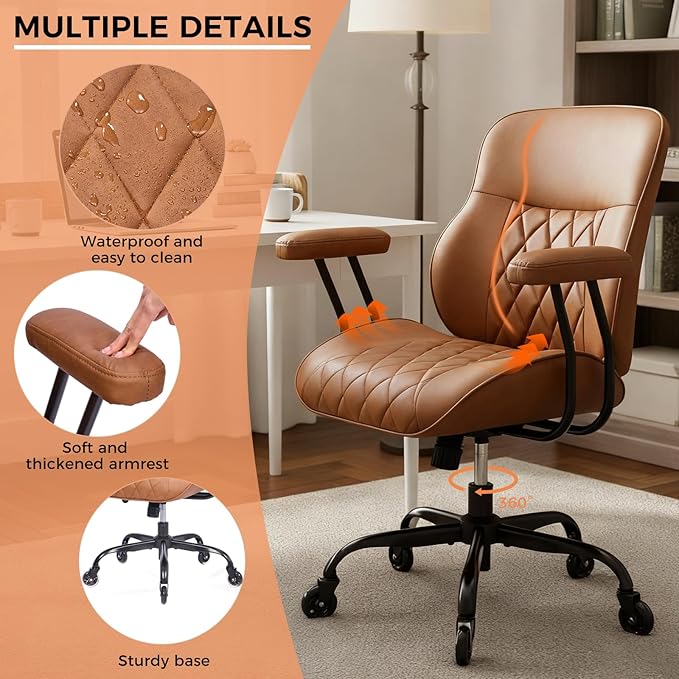 BEWISHOME Ergonomic Home Office Chair, Mid-Century Modern Brown Leather Desk Chair with Robber Casters Lumbar Support Adjustable Height Rolling Swivel Chair Executive Task Armrests BBY01Z