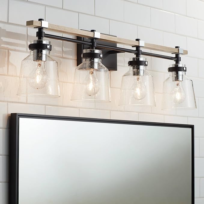 Possini Euro Design Broadway Modern Industrial Wall Light Black Painted Faux Wood Hardwired 32" 4-Light Fixture Clear Seedy Glass Shade for Bedroom Bedside Bathroom Vanity Living Room Hallway House