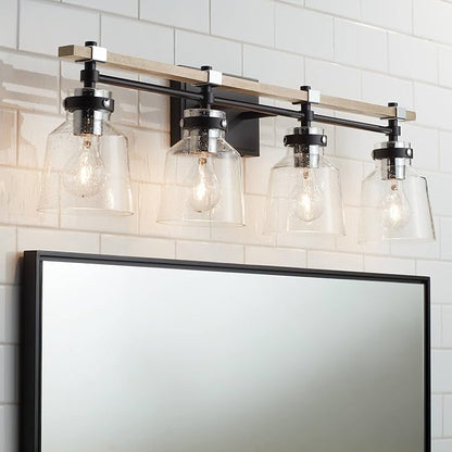 Possini Euro Design Broadway Modern Industrial Wall Light Black Painted Faux Wood Hardwired 32" 4-Light Fixture Clear Seedy Glass Shade for Bedroom Bedside Bathroom Vanity Living Room Hallway House