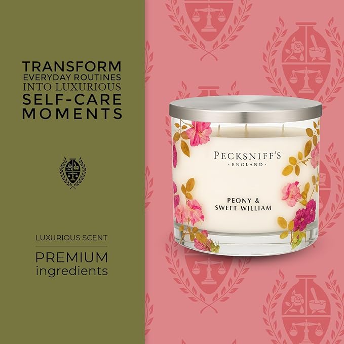 Pecksniff’s 3 Wick Candle – Peony & Sweet William, 550 g / 19.4 oz – Long Lasting Burn, Elegant Home Decor & Relaxing Ambiance
