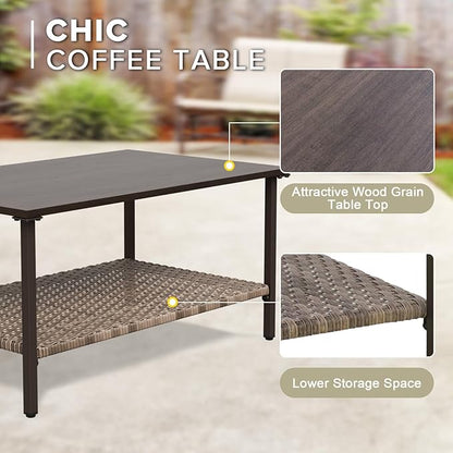COOS BAY Aurora Terrace Half-Moon Outdoor Furniture Set, Rattan Conversation Set with Patio Chairs, Curved 5-Seat Sofa, Coffee Table, Seats 7, Beige/Beige