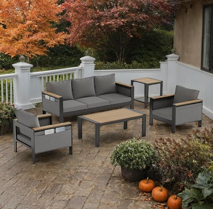 Corinth 5-Piece Aluminum Patio Conversation Set - Outdoor, Porch, Balcony, Yard, Gardern, All Weather Furniture Set with 3 Seater Sofa, Grey