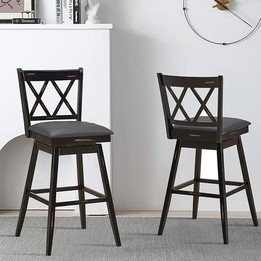 COSTWAY Bar Stool Set of 2, 360 ° Swivel Bar Height 29.5 inch Bar Stool with Foot Rest Upholstered Cushion & Ergonomic Backrest, Sturdy Frame, for Pub, Restaurant, Home (2, Black + Grey)