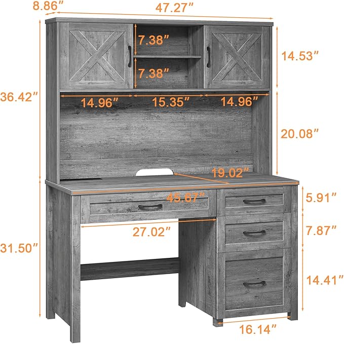 Farmhouse 67" H Executive Desk with Hutch,Computer Desk with 4 Drawers and LED light, Office table with Storage Cabinet & File Drawers and Charging Station,Workstation for Home Office and Study(Grey)