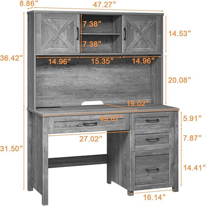 Farmhouse 67" H Executive Desk with Hutch,Office Desk with 4 Drawers and LED light, Computer Table with Storage Cabinet & File Drawers and Charging Station, Wood Workstation for Home Office and Study