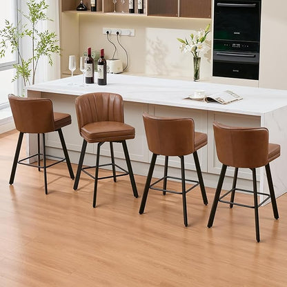 Swivel Counter Height Bar Stools Set of 2, 30'' Modern Barstools with Backs and Metal Legs, Upholstered Bar Chairs, Faux Leather Dark Brown Stools for Kitchen Island Chairs