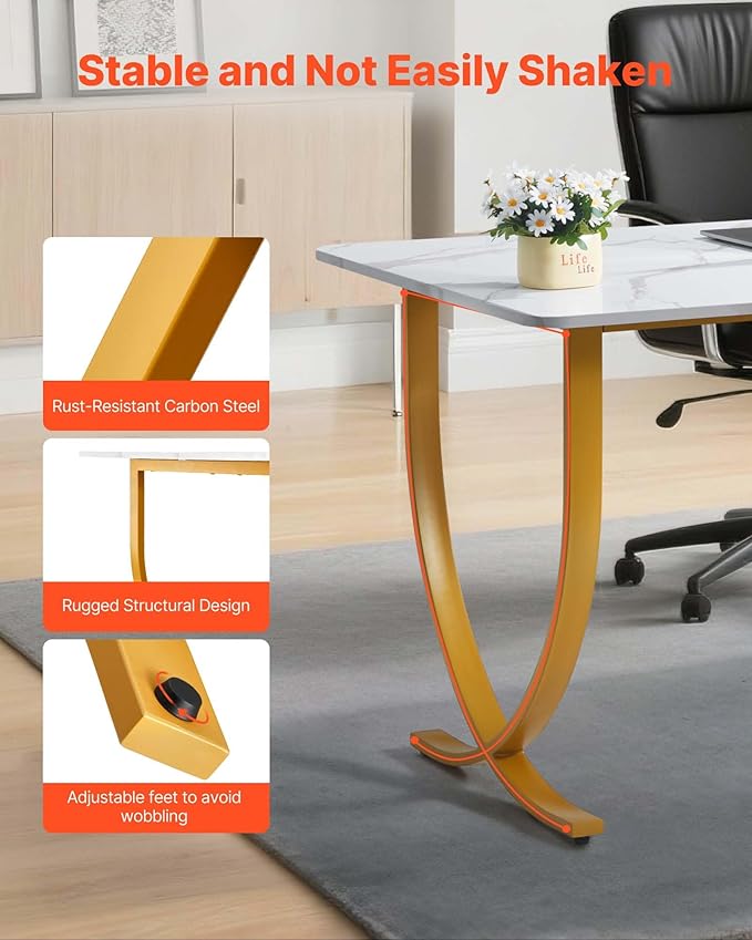 VEVOR Executive Desk, 63" W x 31.5" D Large Office Desk, Modern Computer Table Conference Meeting Room Table, Business Furniture Enlarged Desktop for Home Office, White and Gold