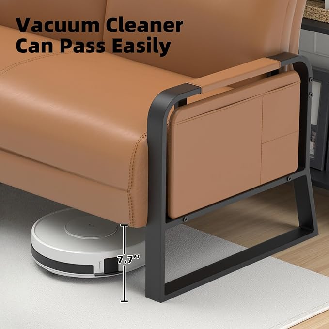 Faux Leather Loveseat, Upholstered Loveseat with Side Tray Table & Storage Pocket, Small Loveseat for Living Room, Modern 2 Seater Sofa Couch for Small Spaces, Bedroom, Brown