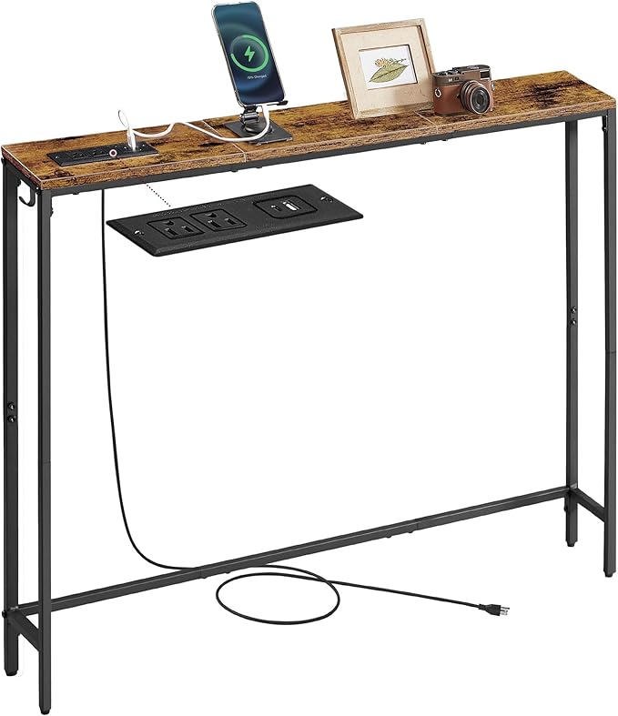 VASAGLE Console Table with Power Outlet, Slim Behind Couch Sofa Table, 5.9 x 39.4 x 31.5 Inches, 1 Hook, Easy Assembly, for Entryway, Living Room, Rustic Brown and Ink Black ULNT079K01