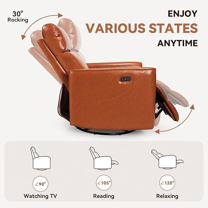 Himimi Power Recliner Chair, Swivel Recliner Chair for Adults, Glider Recliner Nursery Chair with Massage and Heat, Faux Leather, Side Pocket, USB Charging, Living Room, Bedroom, Orange-Brown