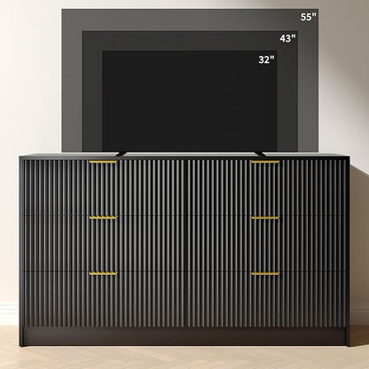 Black Dresser with 6 Deep Drawers, 55” Wide Fluted Dresser for Bedroom with Gold Handle, Modern Chest of Drawer for Closet, Bedroom, Living Room, Black