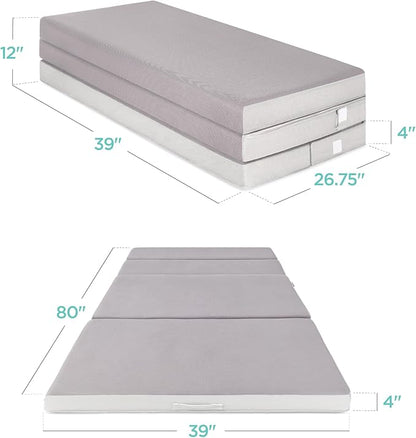 Best Choice Products 4in Portable Twin XL-Size Mattress, Tri-Fold Mattress for Camping, Guest, Toddler, Foam Plush w/Carry Case - Grey