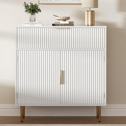 Coffee Bar Cabinet with 2 Doors & Drawer, Sideboard Buffet with Adjustable Shelves, Accent Liquor Cabinet with Storage, Console Table for Living Dining Room, White