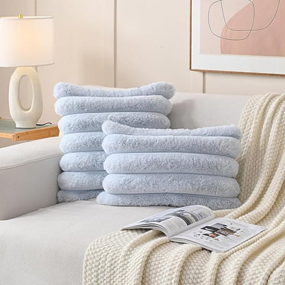 FUTEI Light Blue Decorative Throw Pillow Covers 20x20 Inch Set of 2, Square Soft Faux Rabbit Fur Thick Striped Cushion Cover,Winter Home Decor for Couch Bed Living Room