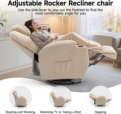 Recliner Chair, Rocking Chair with Massage and Heat, 360° Swivel Recliner Chairs for Adults, Rocker Manual Recliner with Remote Control and Cup Holder for Living Room, Bedroom, Nursery