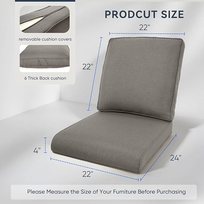 Outdoor Rattan Chair Cushions 2 Packs - Outside Durable Thick Replacement Back and Seat Cushion 22x24 with Zipper Cover for Patio Glider Rocking Chairs Loveseat Couch – Grey/Regular