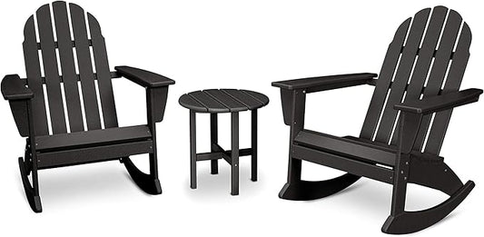 POLYWOOD Vineyard Adirondack 3-Piece Rocking Chair Set, Outdoor Patio Furniture with Side Table, HDPE All-Weather Porch Rockers, Fade-Proof, Black