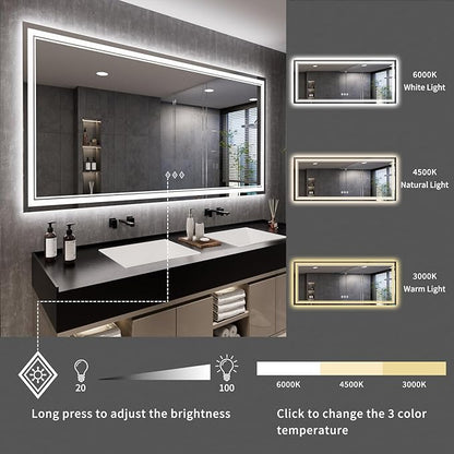 Bathroom Mirrors for Wall, 88x38 Inch Gradient Front and Backlight Big Lighted Mirror, 3 Colors Dimmable CRI>90 Double Lights, IP54 Enhanced Anti-Fog, LED Mirror for Bathroom