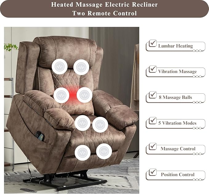 Big Man Power Lift Recliner for Elderly Adults 28 Inch Wide Seat, Lay Flat Lift Chair with Heat Massage, Arm Storage Cup Holders, USB Type C Charging, Oversized Recliner 400 lbs