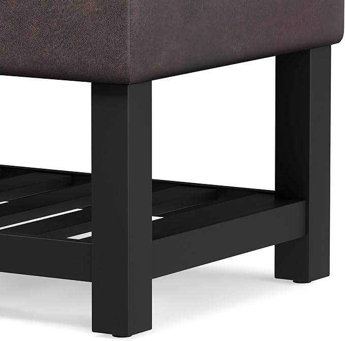 SIMPLIHOME Cosmopolitan 44 inch WideTransitional Rectangle Storage Ottoman Bench with Open Bottom in Distressed Brown Vegan Faux Leather, Assembled for the Living Room and Bedroom