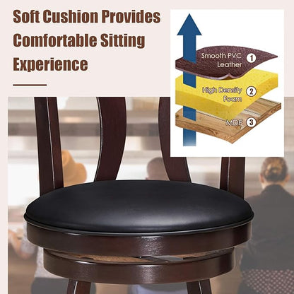 COSTWAY Bar Stools Set of 4, 360-Degree Swivel Stools with Leather Padded Seat, Single Slat Back & Solid Rubber Wood Legs, Counter Height Stools for Pub, Restaurant, Kitchen, Brown (4)