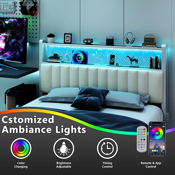 VINGLI Queen Size Headboard Only, Adjustable Upholstered Headboard with 2 Tier Shelves and Pegboard with Charging Stations and LED Lights, Modern Bed Headboard with Storage for Bedroom Decor